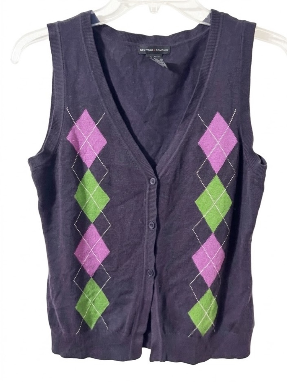 New York & Company Argyle Sweater Vest Small Navy Purple Green Y2K Preppy